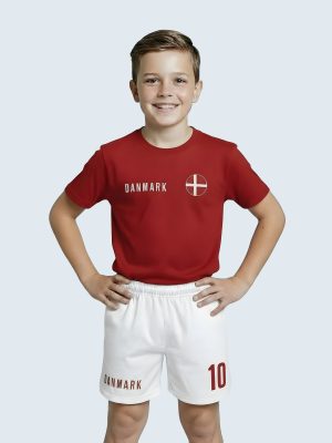 Danmark, Landsholdssæt, Børn, T-shirt og Shorts, Med Tryk, Eget Navn og Nummer