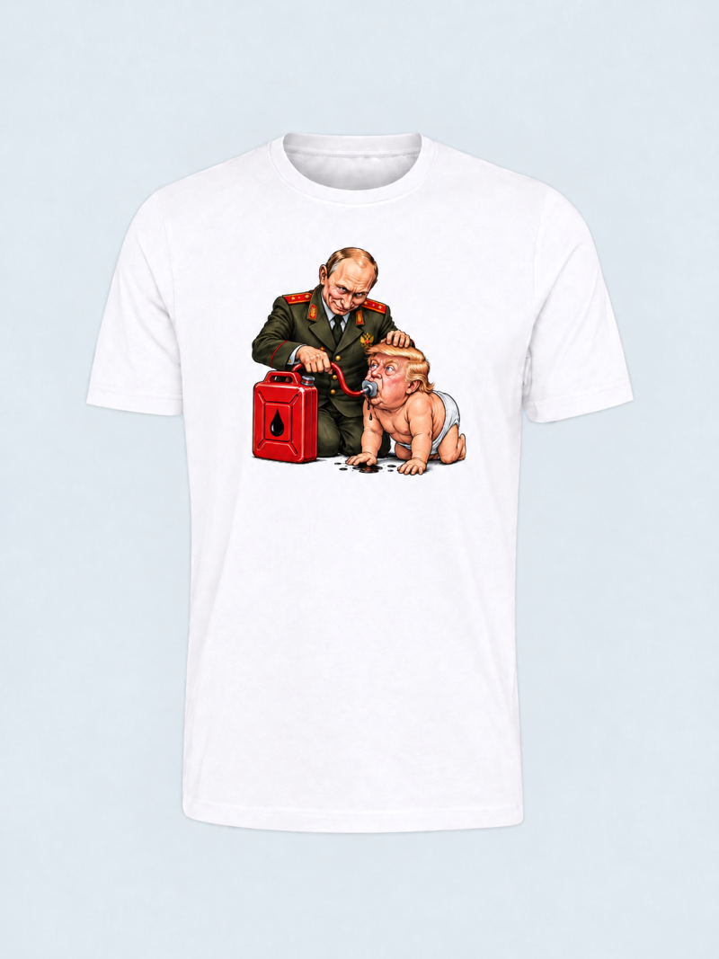 Hvid T-shirt med Baby Trump – Fueled by Putin-print